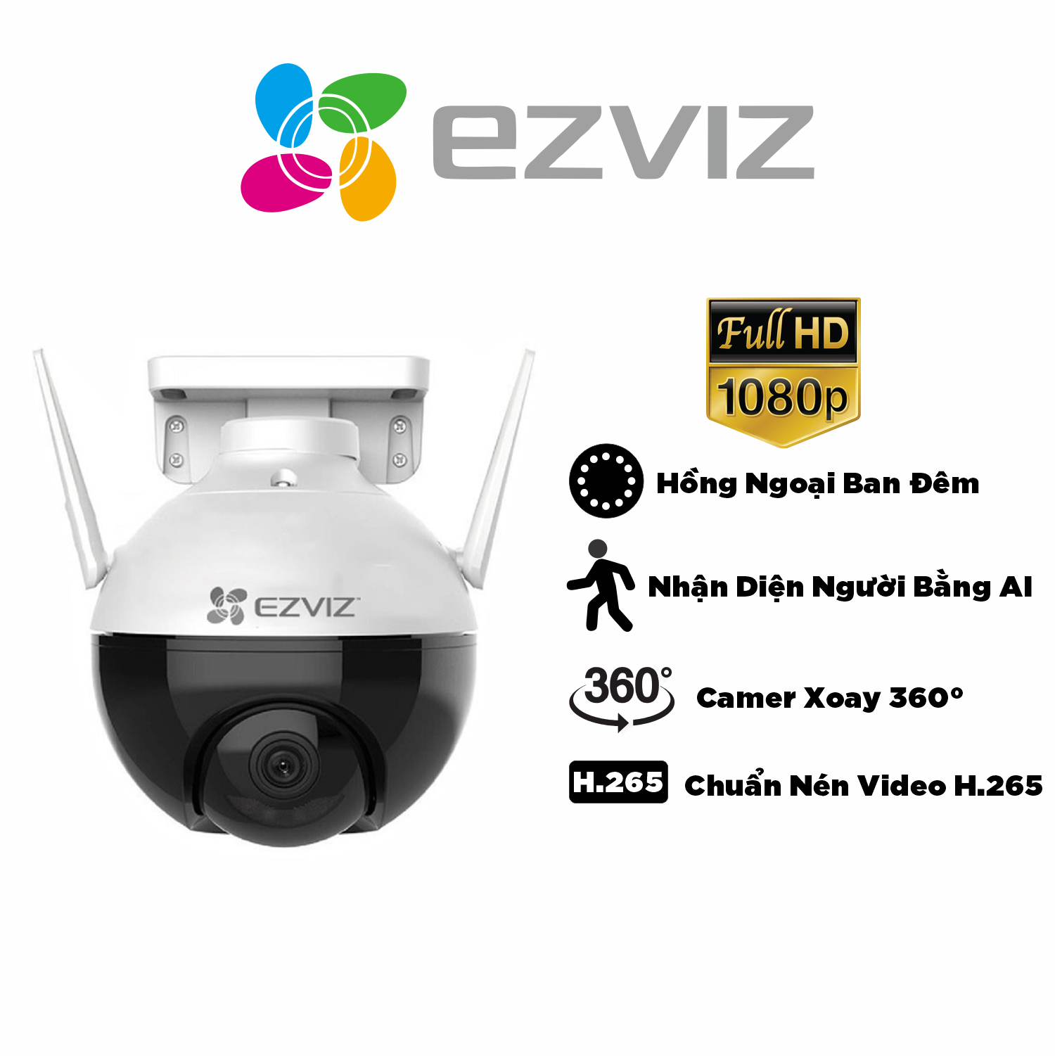 Camera EZVIZ C8C 2MP, Nhận Diện Người AI, Ba Chế Độ Ghi Hình Ban Đêm, Chuẩn Nén H.265 - Hàng Chính Hãng