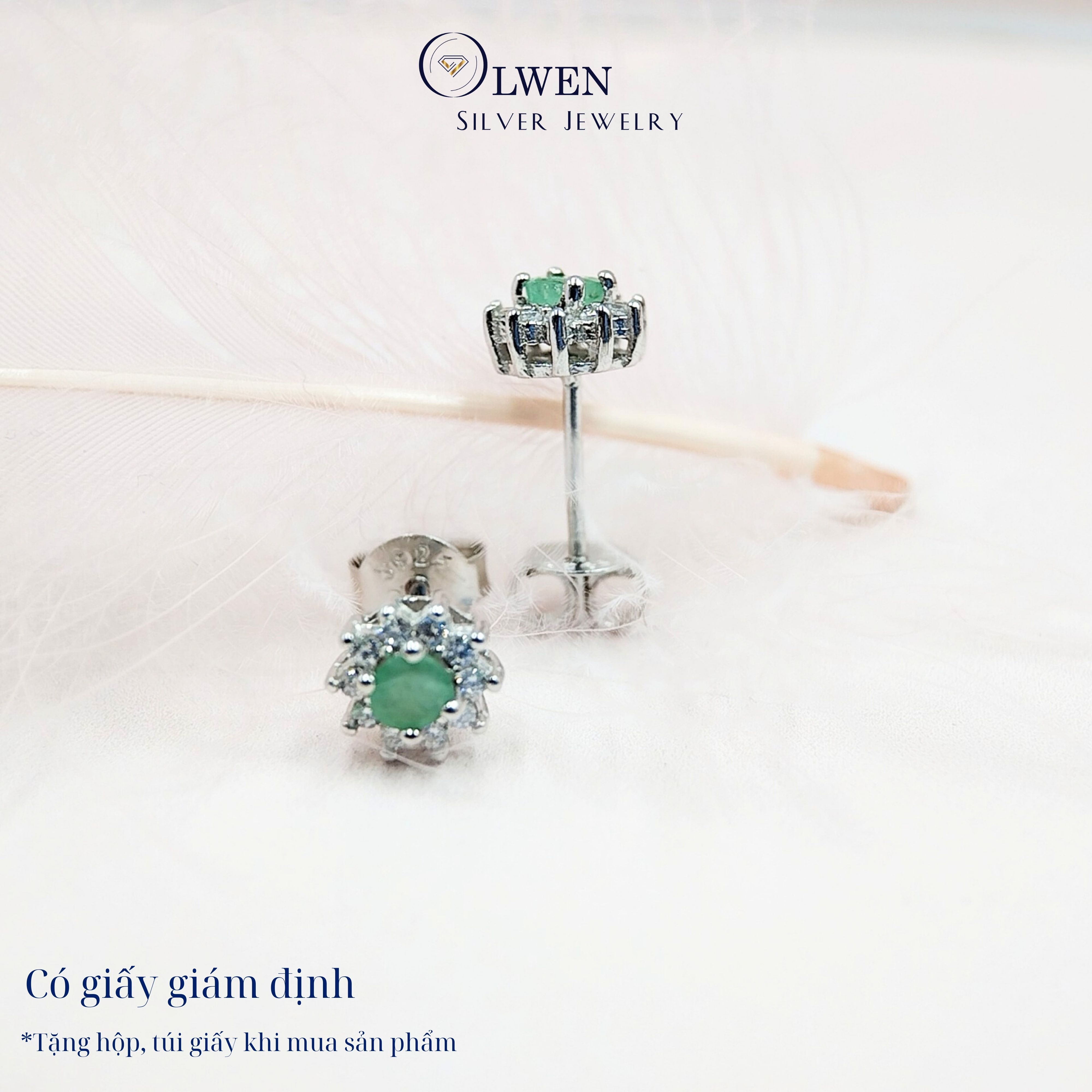 Đôi Bông Tai Nữ Bạc 925 Olwen Đính Đá Phong Thủy Emerald