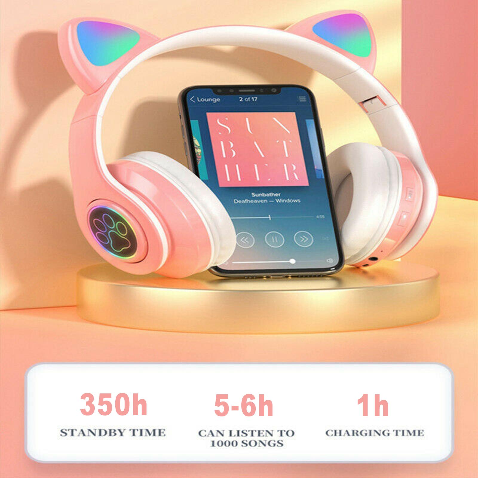 Girl Wireless Gaming Headset, Cute Cat Ear Headset with LED Lights, Noise Cancelling Stereo Gaming Headphones, Fashion Bluetooth 5.0 Headset for Kids