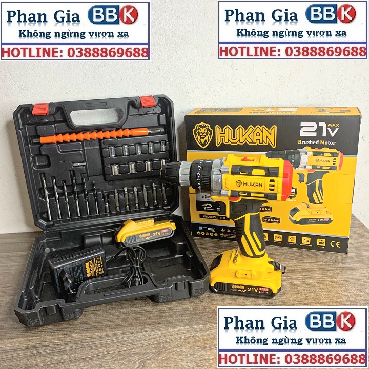 Máy khoan pin HUKAN 21V 3 chức năng tặng bộ phụ kiện mũi khoan