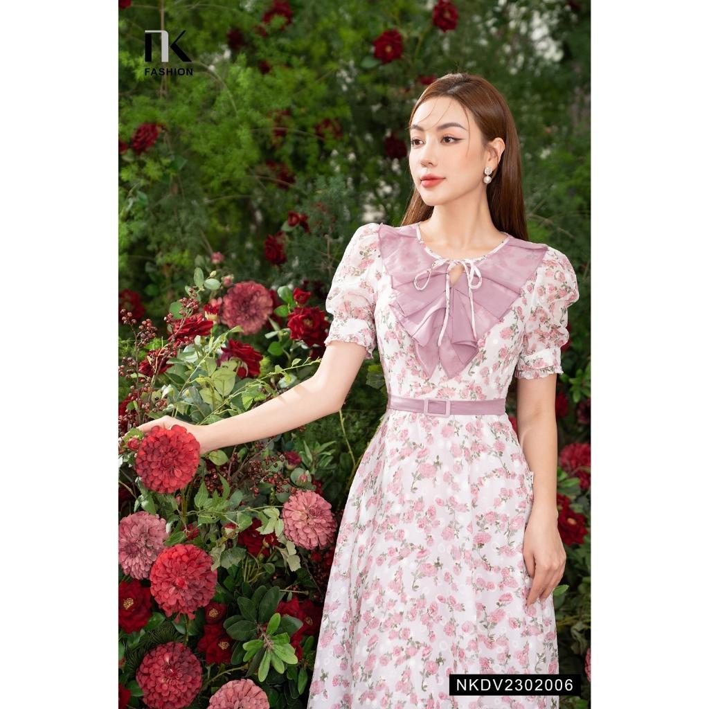 Đầm Hoa NK FASHION Thiết Kế Đai Bọc Cổ Phối Bèo Điệu Đà Thanh Lịch Chất Vải Nhập Hàn Cao Cấp NKDV2302006