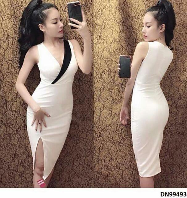 Đầm body phối màu đắp chéo