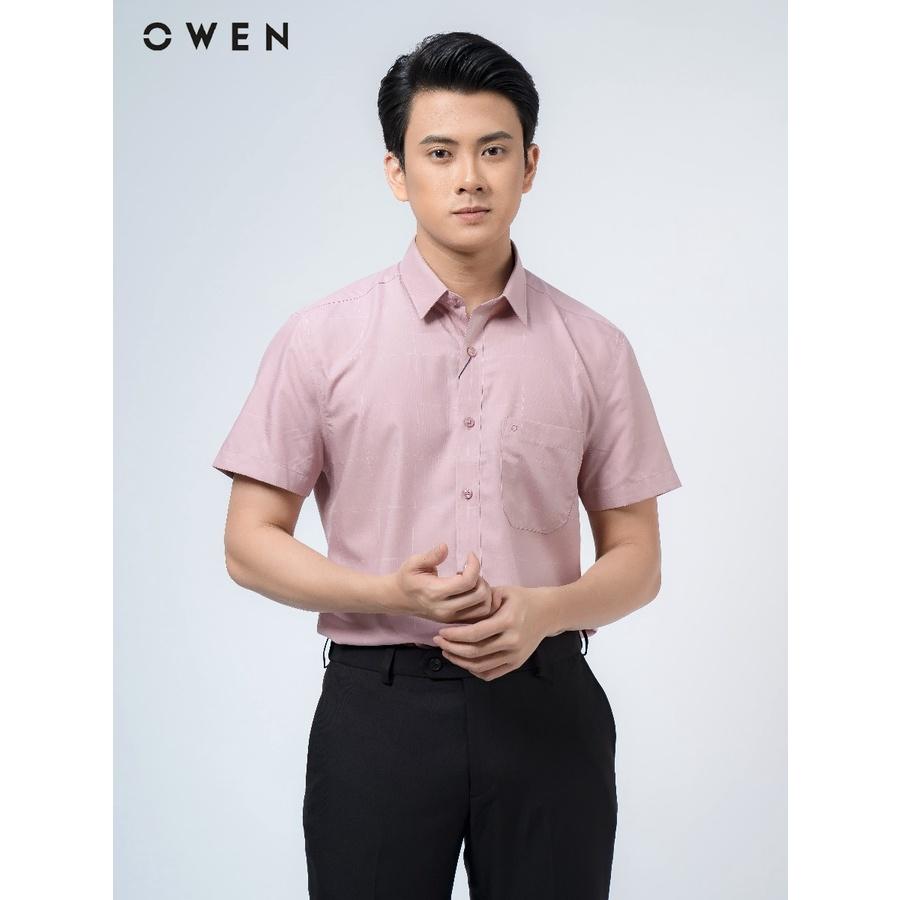 OWEN - Áo sơ mi ngắn tay Owen Regular fit chất sợi sen màu hồng ruốc 220089
