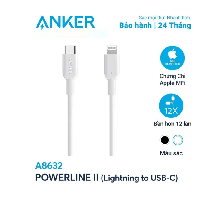 Cáp Anker PowerLine II Type C to Lighting Dành cho iPhone, iPad dài 0.9m trắng- A8632 - Hàng Chính Hãng