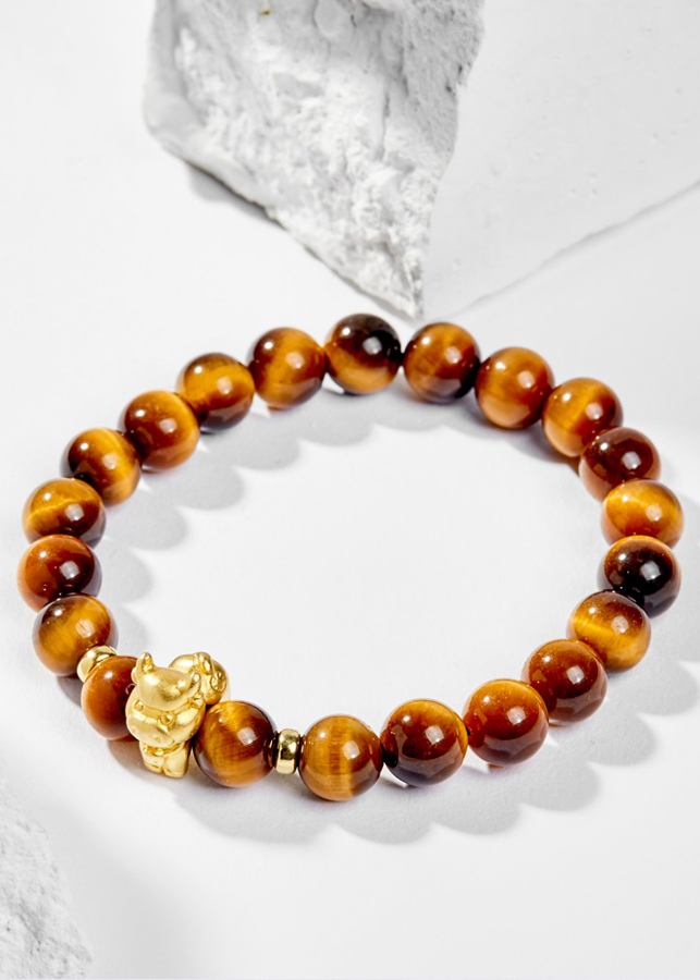Vòng Tay Phong Thủy Đá Mắt Hổ Vàng Nâu Phối Charm Tuổi Sửu Bạc Mạ Vàng 24K  Mệnh Thổ, Kim Ngọc Quý Gemstones