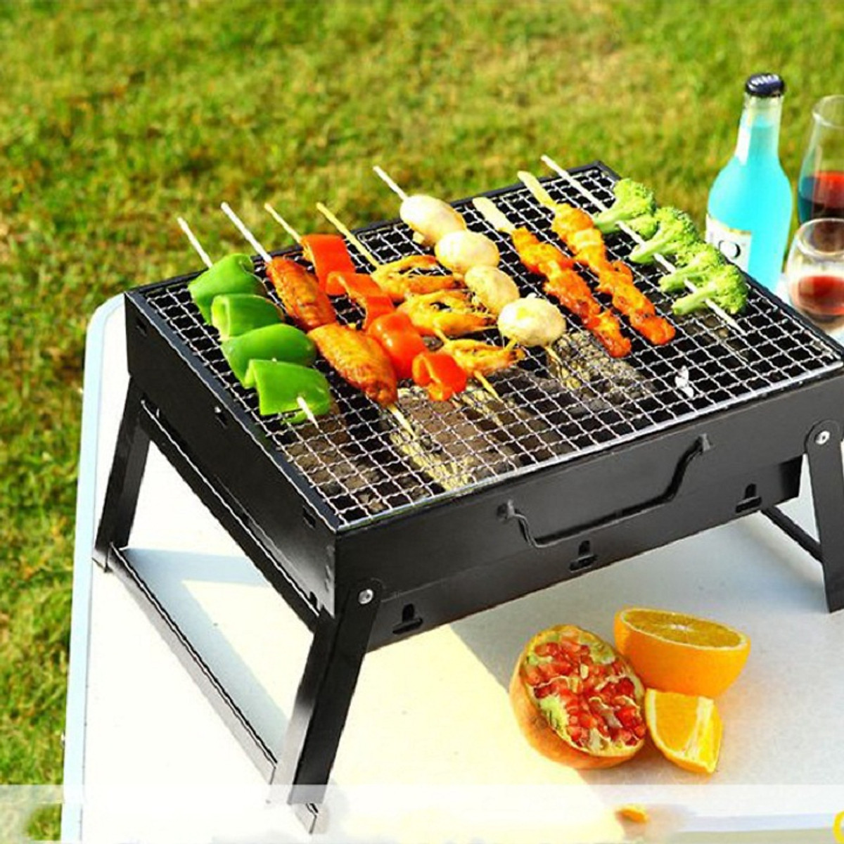 Bếp Nướng Than Hoa Nướng BBQ Kèm Vỉ Nướng Hình Chữ Nhật- Gấp Gọn Tiện Lợi