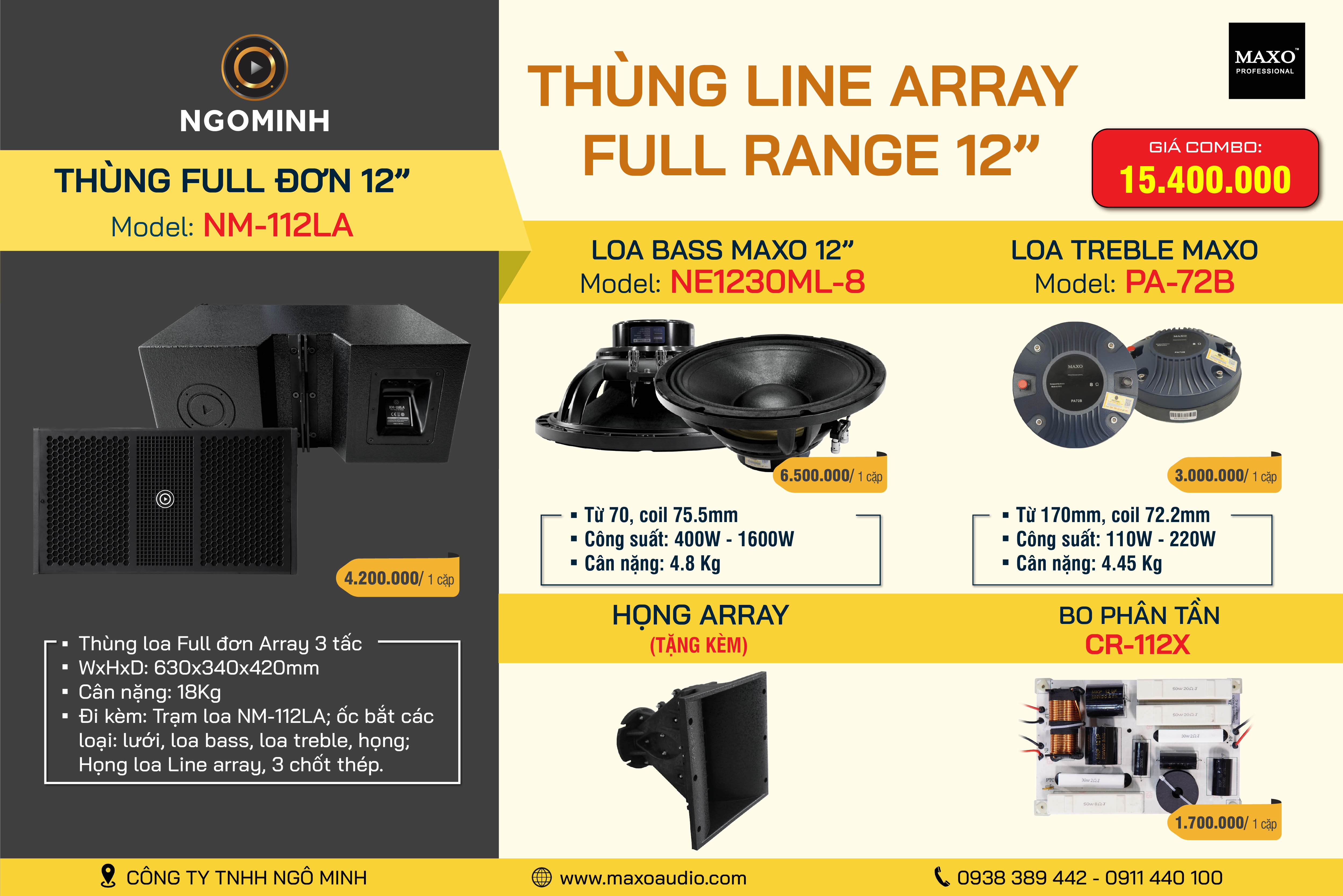 Loa Line Array Full Range 12" NM-112LA, NE1230ML-8, PA-72B, Họng Array, CR-112X