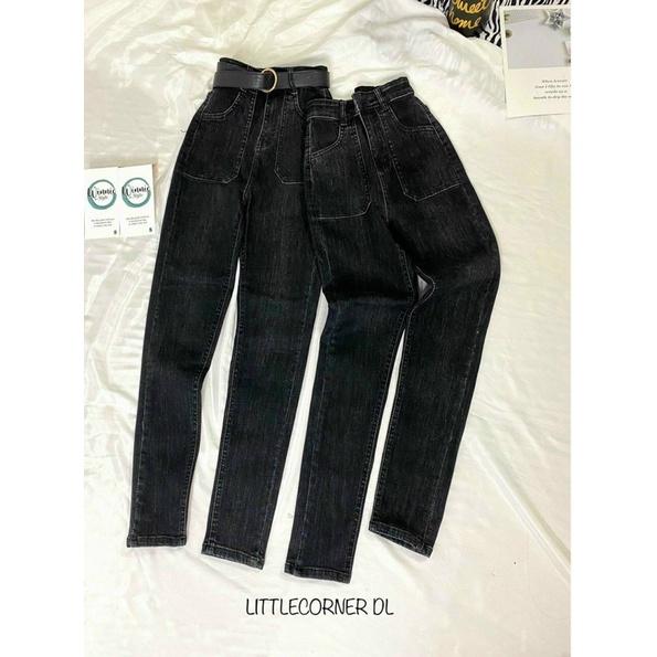 Quần jeans nữ túi đắp vuông xám đen xước - Quần skinny jeans lưng cao quảng châu