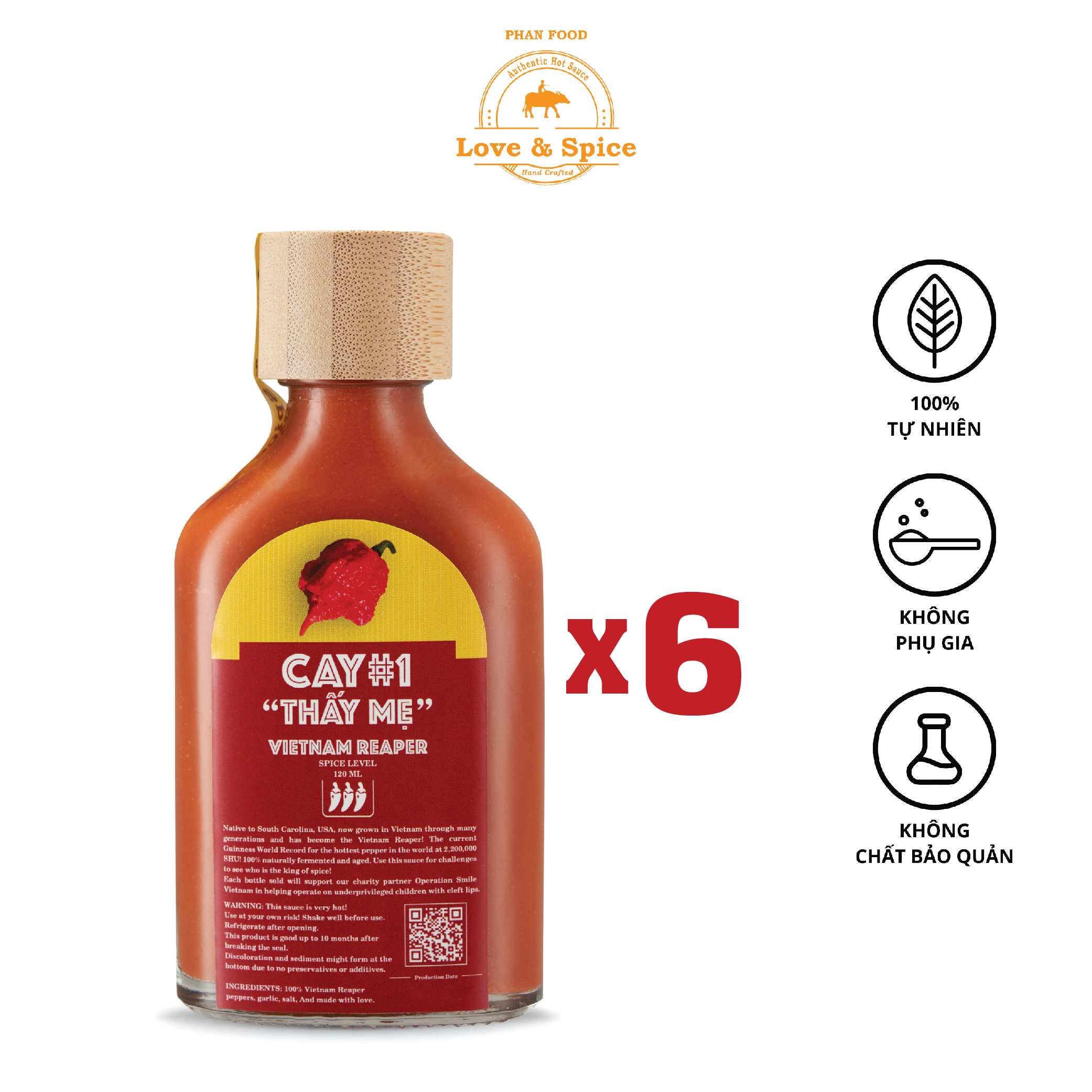 CAY #1 THẤY MẸ - Combo 6 chai tương ớt siêu cay Love & Spice  lên men tự nhiên từ ớt Vietnam Reaper chai 120ml x 6