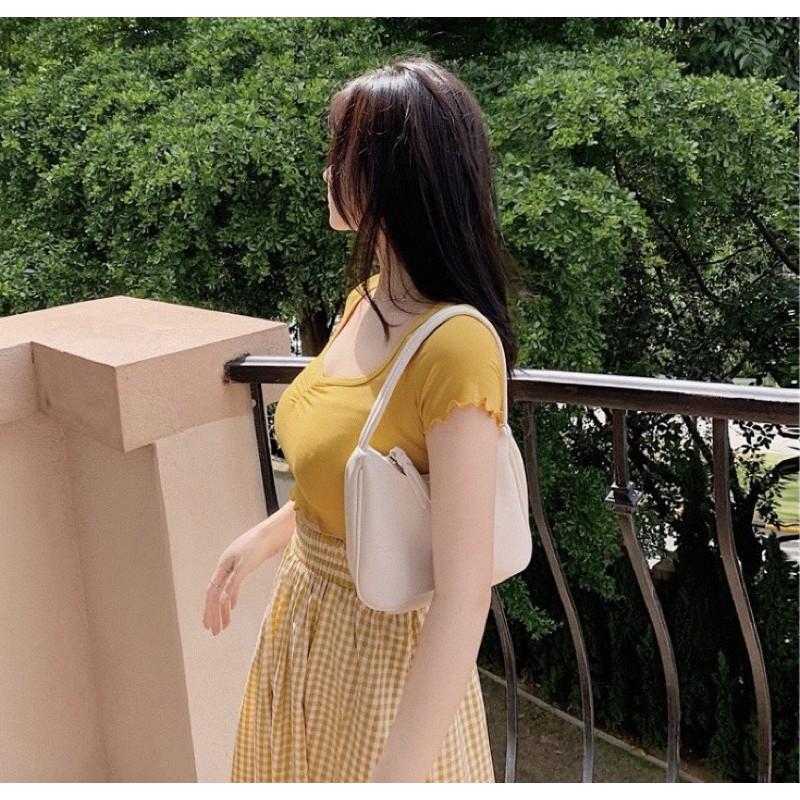 Set áo thun croptop phối váy caro xoè, Set tiểu thư cao cấp