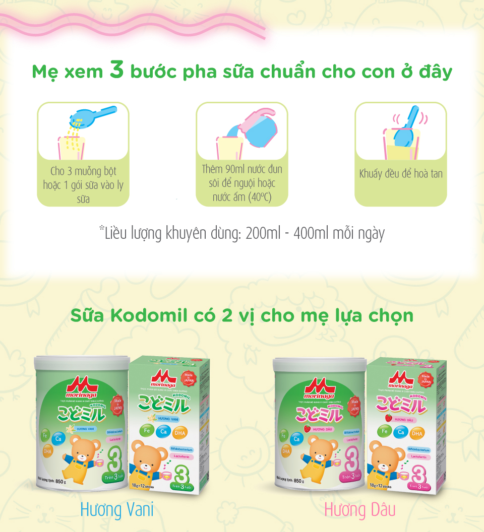 Combo 3 hộp sữa Morinaga số 3 Kodomil hương vani / hương dâu lon 850gr hàng nguyên đai, nguyên tem