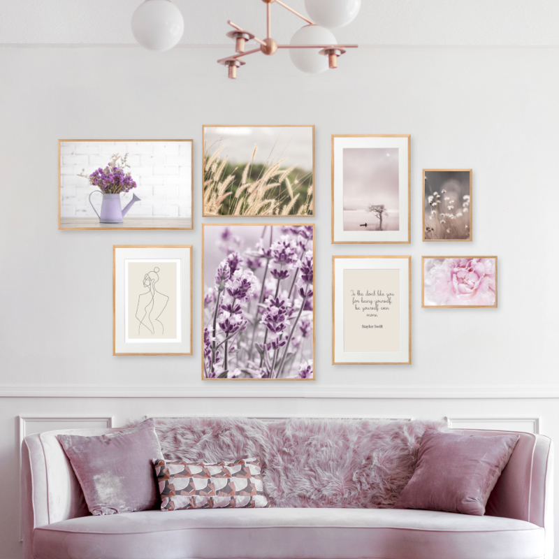 Tranh trang trí khung kính gỗ sồi treo tường cao cấp"Purple Flowers"50x70cm