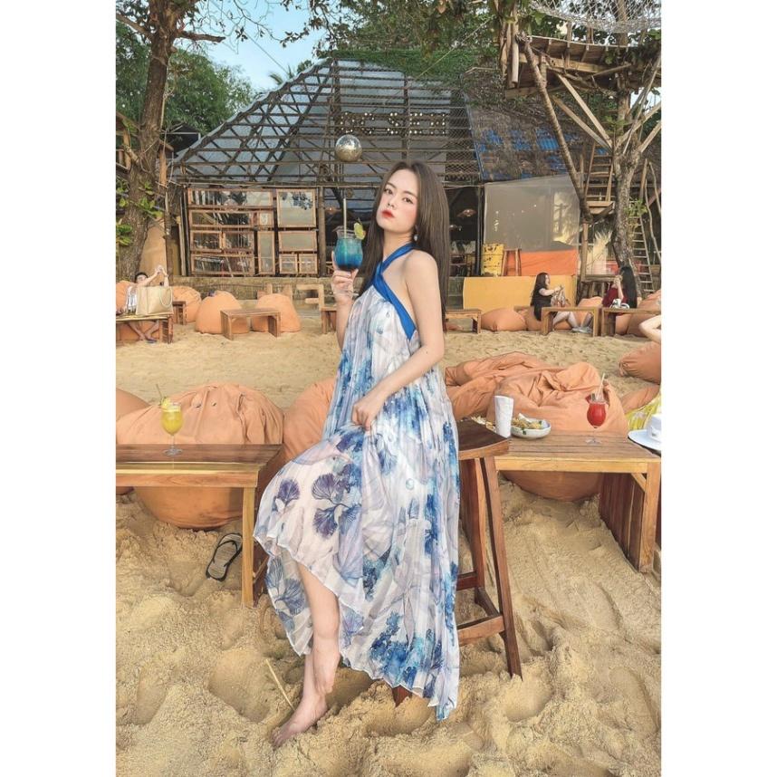 Đầm váy Maxi voan Dập Ly Hoa Xanh Trắng cổ yếm hở lưng suông dài ivy fashion đi biển dự tiệc dạo phố bigsize gợi cảm