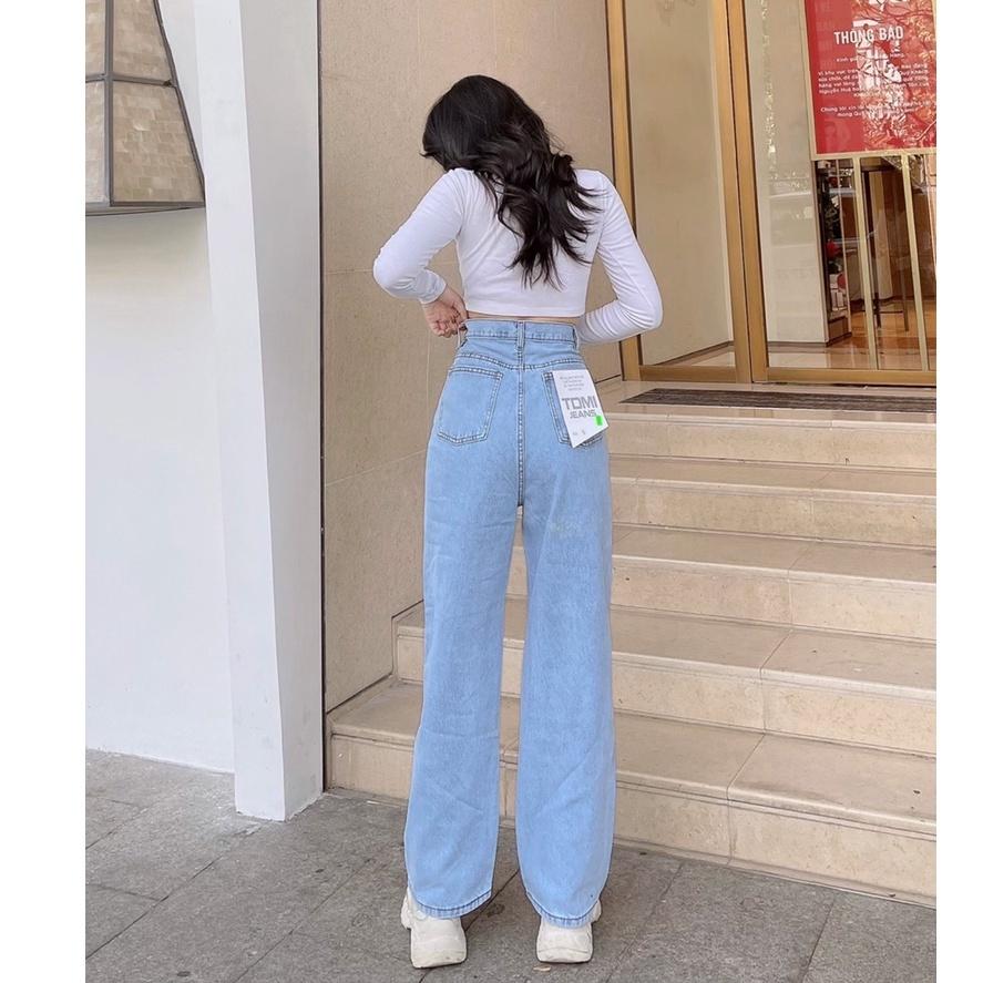 Quần jean lưng cao ống đứng lên dáng chuẩn màu xanh nhạt xanh quần lưng cao hắck dáng