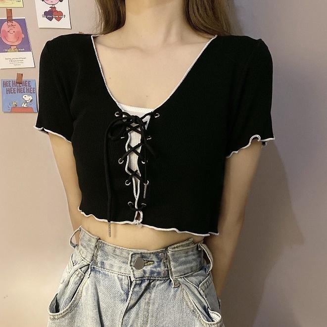 Áo croptop kiểu nữ tay ngắn phong cách Hàn quốc thiết kế đan dây trước ngực- AO081