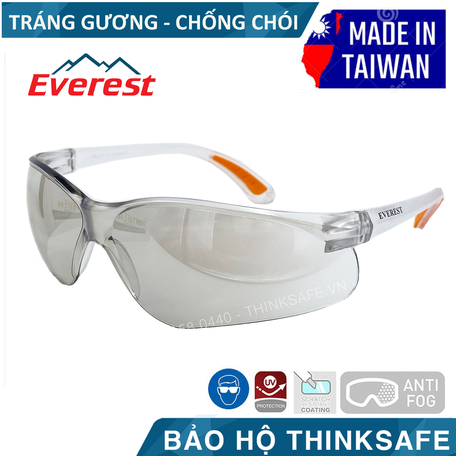 Kính bảo hộ Everest EV203 kính chống bụi, chống trầy xước, chống tia UV, chống đọng sương (trắng tráng bạc)