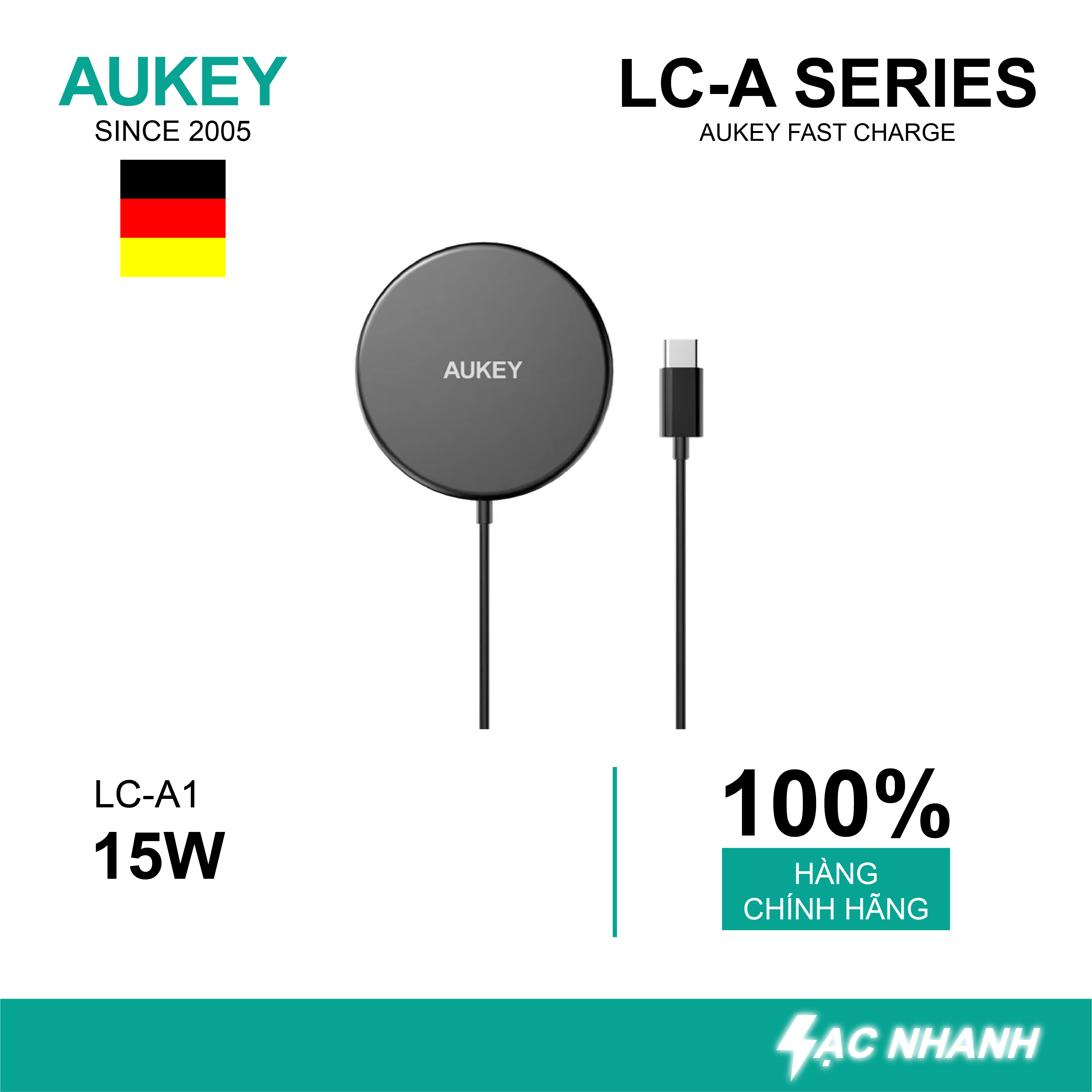 Đế sạc không dây Aukey 15W LC-A1 màu đen - Hàng Chính Hãng