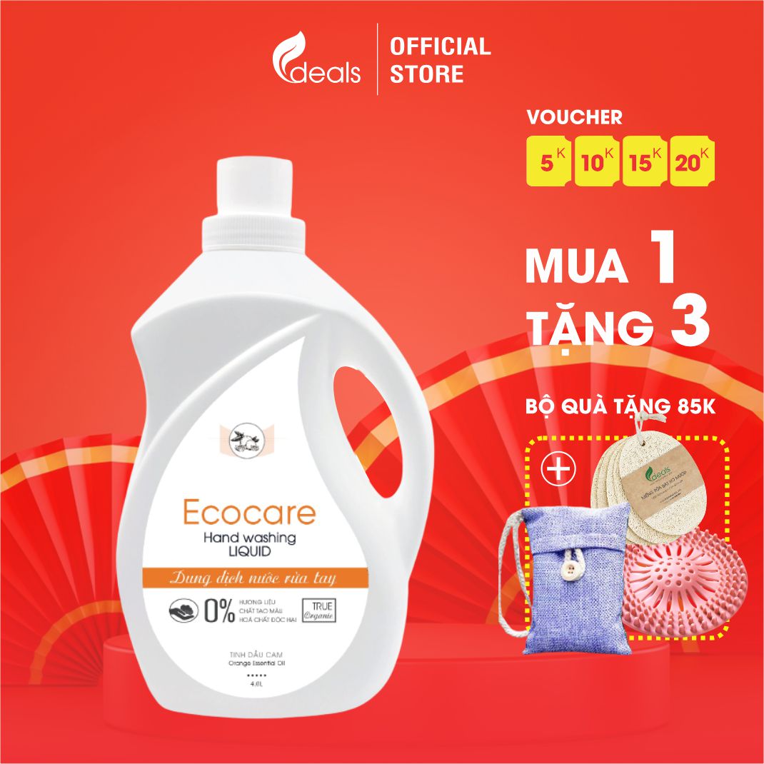 Nước Rửa Tay Bồ Hòn Hữu Cơ ECOCARE - Chai 4000ml - Sạch khuẩn, chăm sóc da tay, tinh dầu thiên nhiên khử mùi - Tặng 2 vỏ chai 250ml - Tinh dầu Nhài