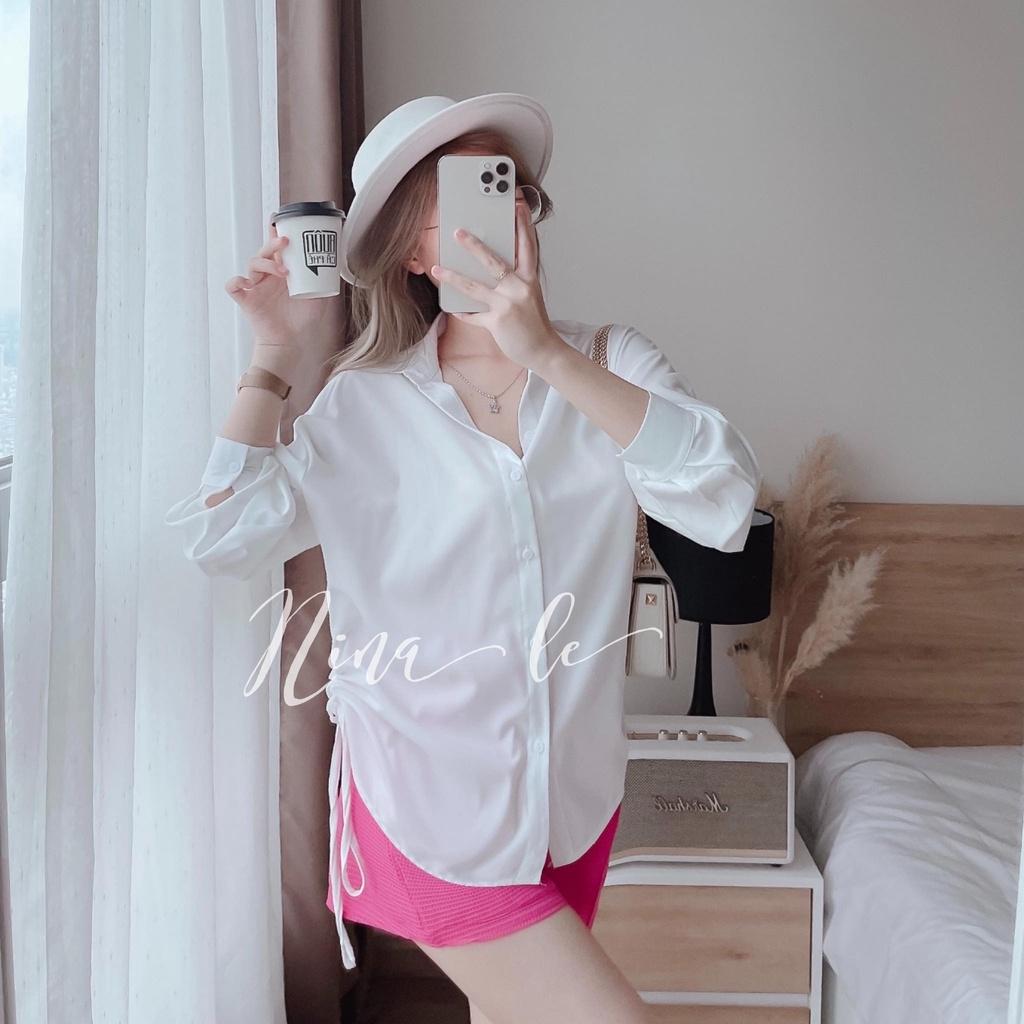 Sét bộ sơ mi dài tay rút dây phối quần đùi xinh xắn thời trang nữ dạo phố, đi biển