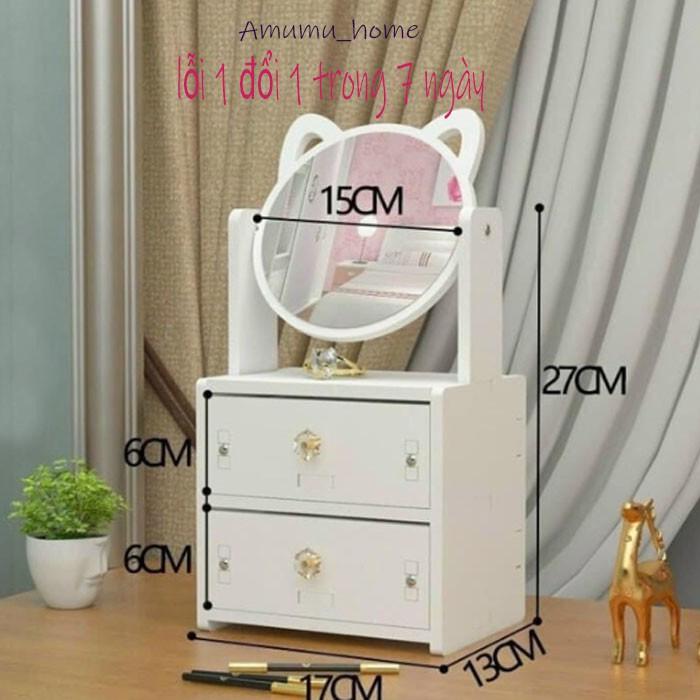 Kệ mỹ phẩm mini gỗ nhựa kèm gương tai mèo méo meo dễ thương cute phô mai que