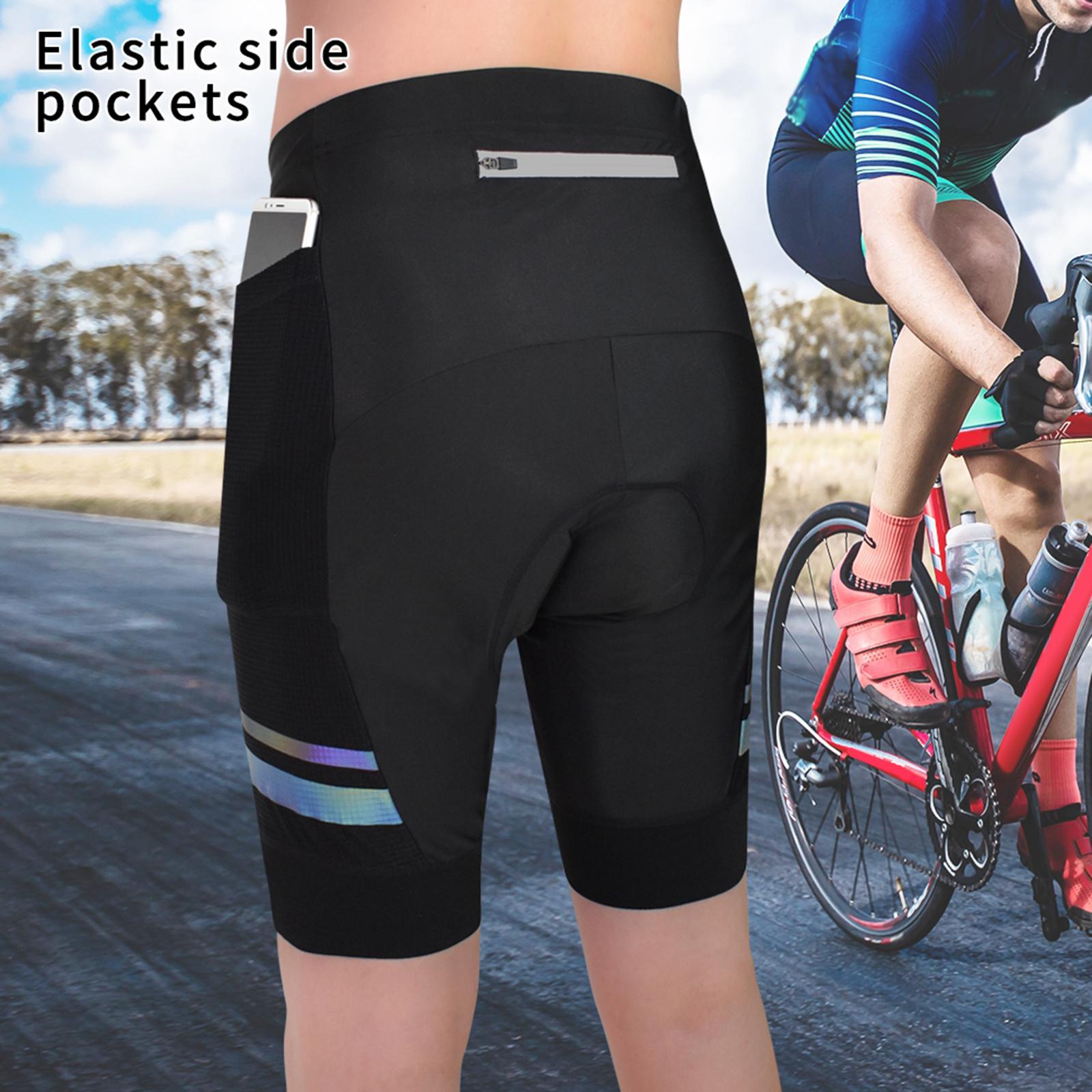 Men Padded Bike Shorts with Pocket and Reflective Strap, Men's Cycling Shorts Wide Waistband Biking Bicycle Pants Riding Trousers