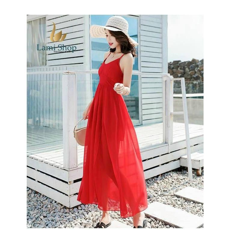 Đầm maxi hai dây đan dây lưng ba màu màu trắng màu đen và màu đỏ