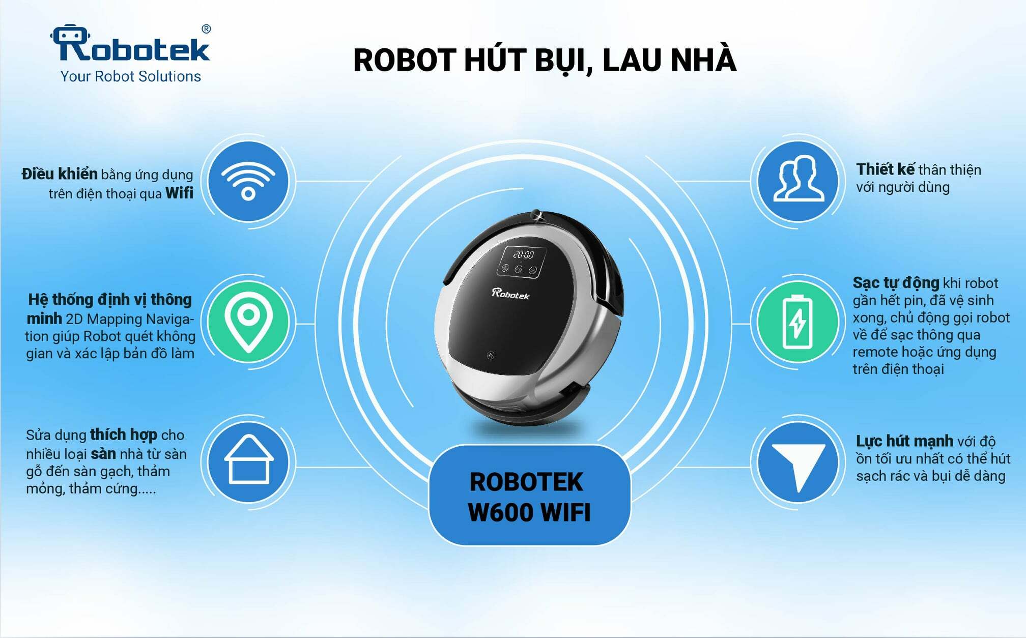 Robot Hút Bụi Lau Nhà Thông Minh Robotek W600 Wifi - Màu Xám - Hàng Chính Hãng