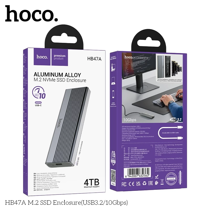Box đựng ổ cứng Enclosure cho SSD M2 NVMe Hoco HB47A hợp kim nhôm tốc độ 10Gbps (đọc 1000MB/s, ghi 990MB/s) _  Hàng chính hãng