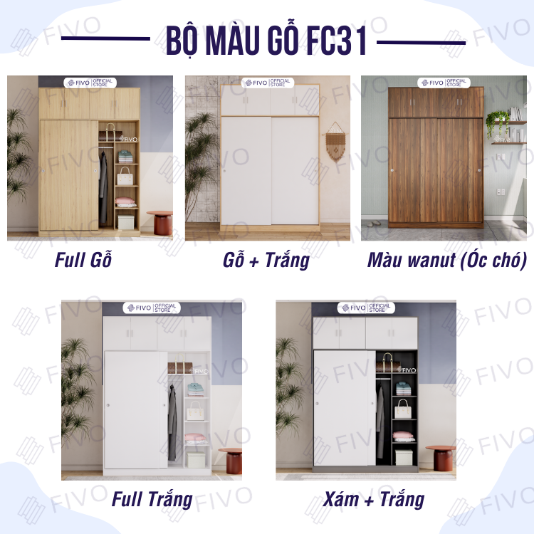 Tủ Gỗ Quần Áo Cửa Lùa Gỗ Lõi Xanh Chống Ẩm FIVO Mẫu FC31 Diện Tích Để Đồ Rộng Rãi, Móc Treo Tiện Dụng Mẫu Mã Hiện Đại - Màu Trắng + Gỗ