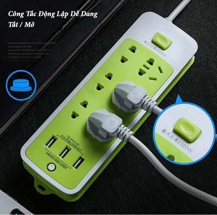 Ổ cắm điện đa năng chống giật 6 ổ cắm, 3 cổng USB-Xanh lá