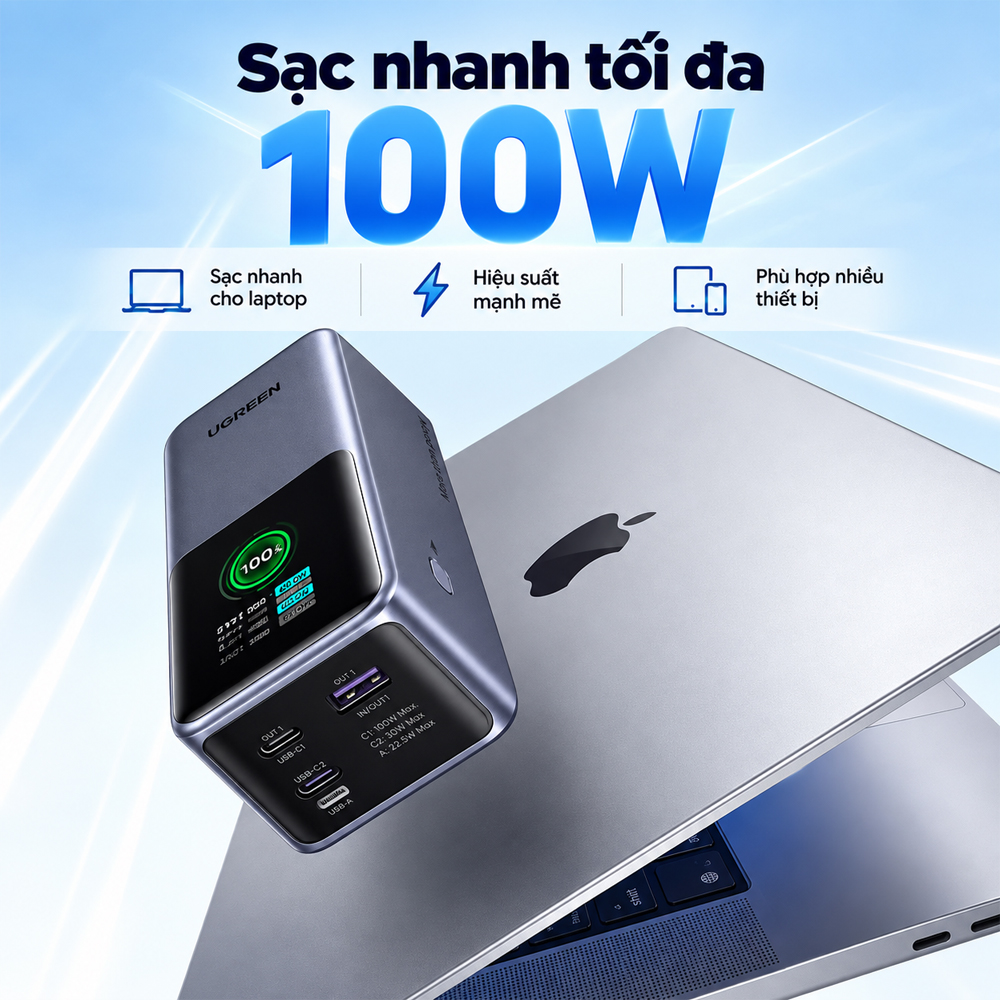 Sạc dự phòng Ugreen Nexode Power Bank Built-In Cable 1USB 2Type-C 130W 20000mAh PB721 35524B - Hàng chính hãng