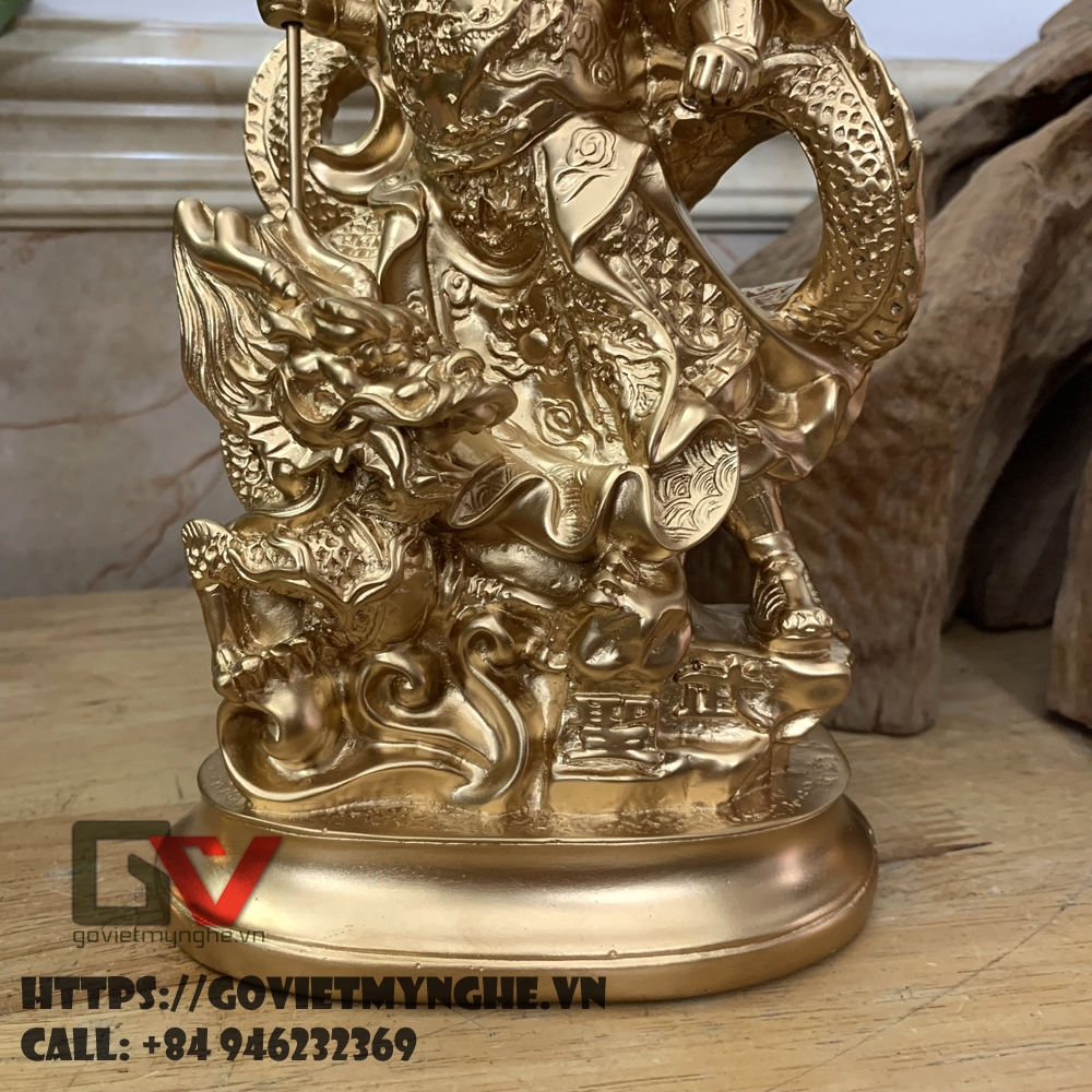 [Tượng Quan Công] Tượng đá trang trí phong thủy tượng Quan Công cầm đao cưỡi rồng - Cao 25cm - Màu nhũ đồng