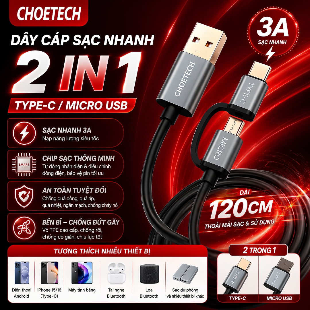 Dây sạc nhanh USB-A to Type-C + Micro USB Choetech XAC0012 Dài 120CM, Sạc Nhanh 3A, Chip Sạc Thông Minh, Truyền Dữ Liệu 480Mbps, Tương Thích Nhiều Thiết Bị - Hàng nhập khẩu