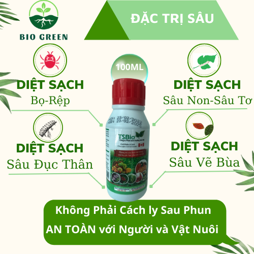 Chế phẩm sinh học diệt côn trùng TSBIO 100ml, nhện đỏ,rệp sáp,vẽ bùa,sâu non,sâu cuốn lá, rệp bọ cánh cứng cho hoa hồng,