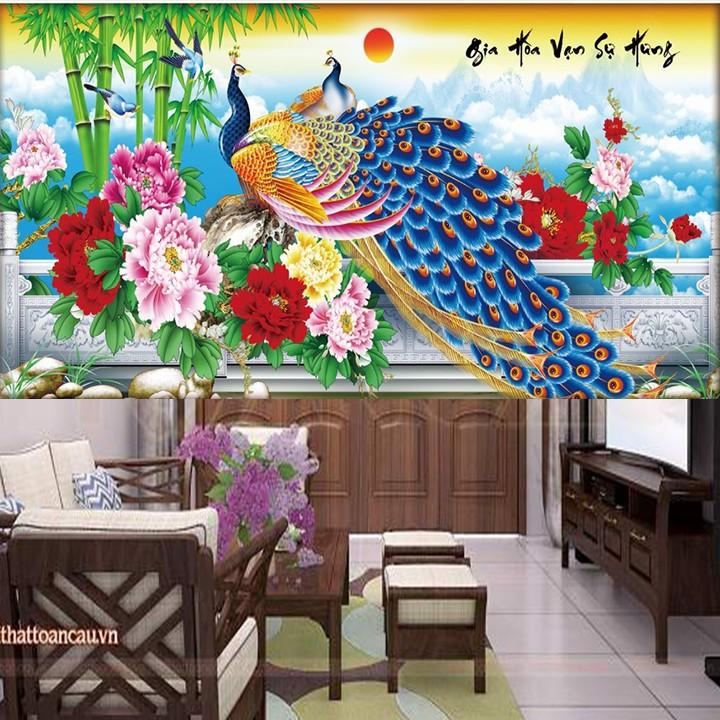 Tranh thêu công xanh gia hòa vạn sự hưng 88918 - kích thước: 100 * 51cm.