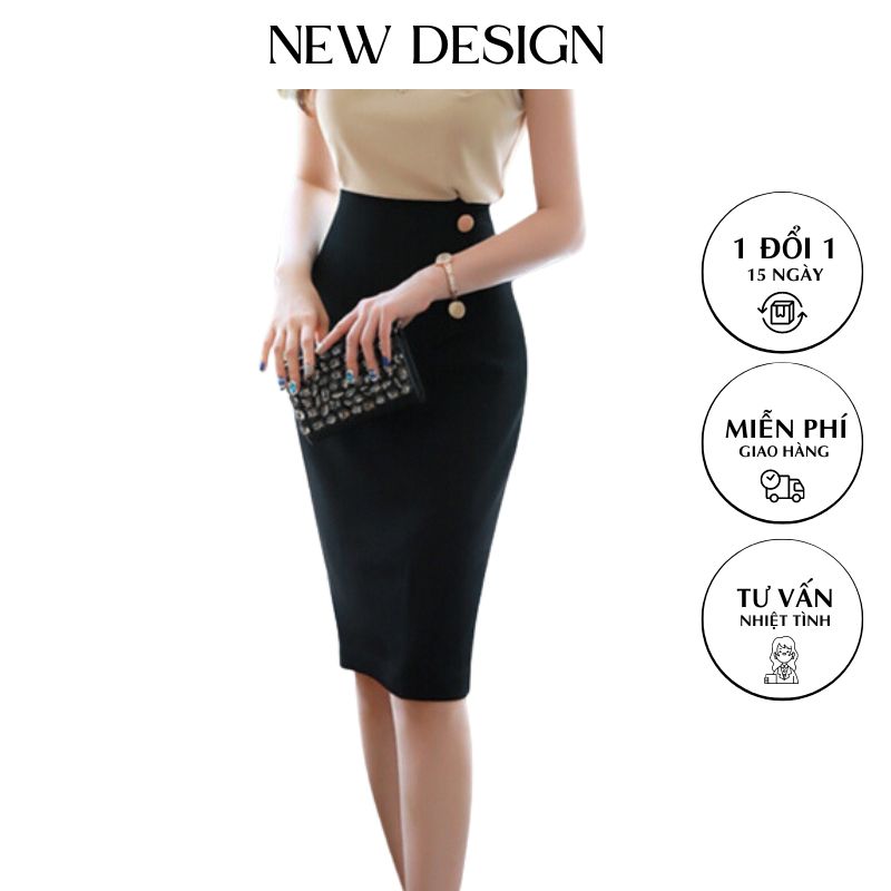 Chân Váy Dài, New Design Thiết Kế Phối Nút Trẻ Trung ,Dáng Váy Bút Chì Dài 62cm, 3 Màu Chủ Đạo ,Chất Vải Tốt, Co Giãn CV0012