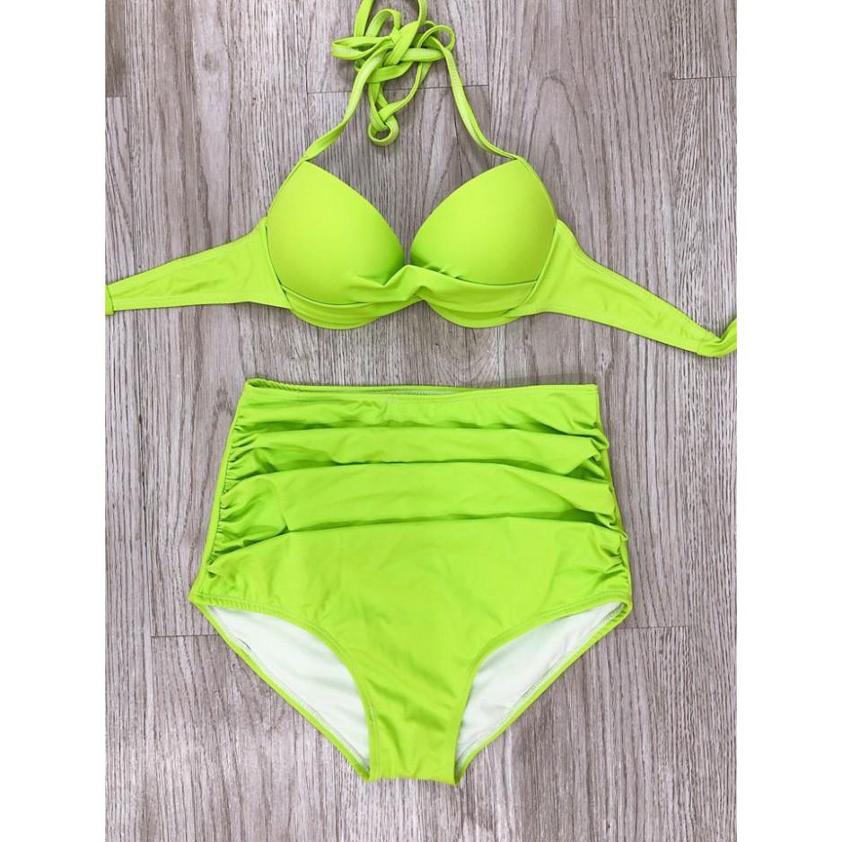 freeship Bikini hai mảnh độn ngực xanh nõn chuối quần cạp cao che bụng siêu đẹp