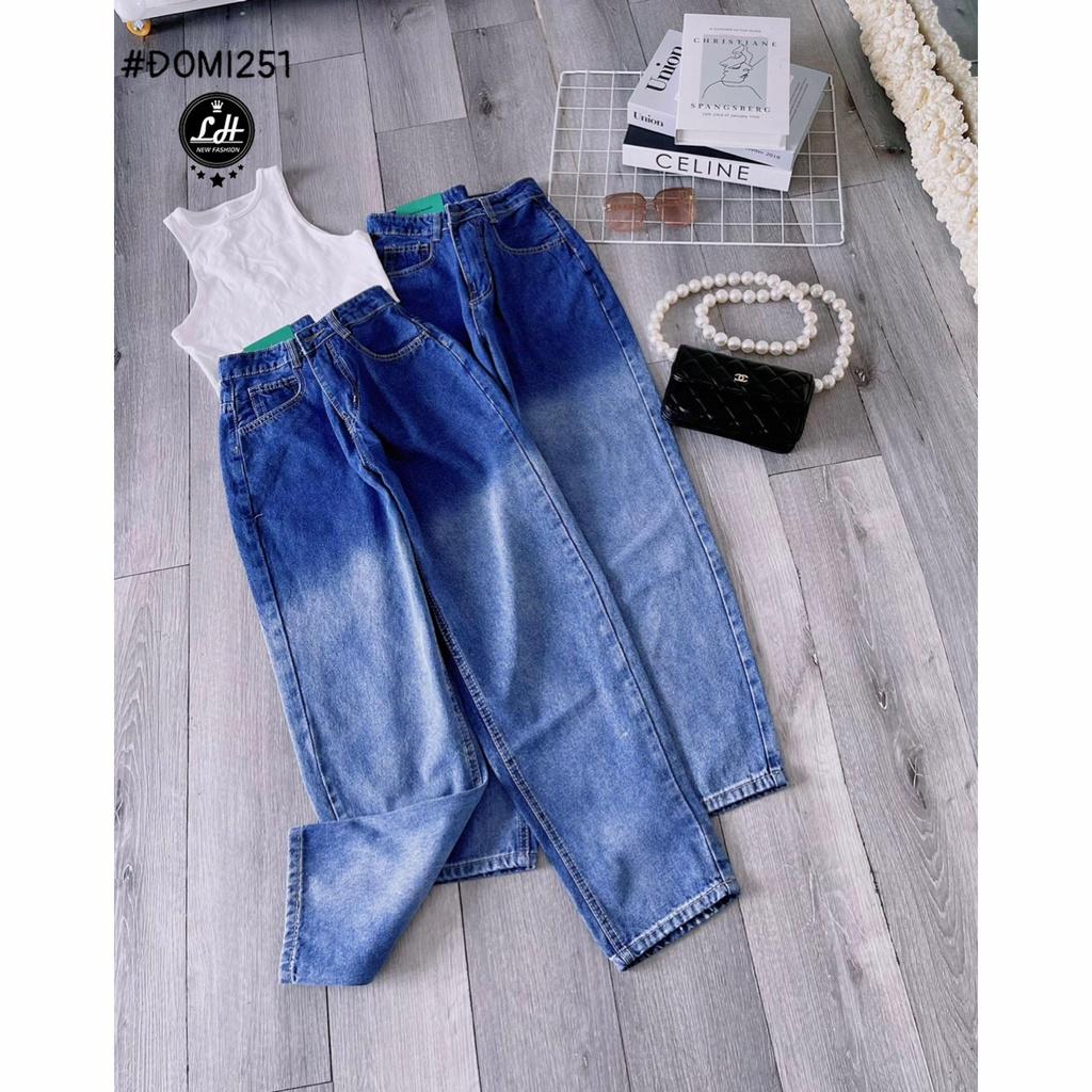 Quần bò baggy màu xanh loang trơn đơn giản cho nàng Lê Huy fashion Ms 251