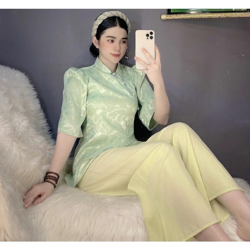 Đồ Lam Đi Chùa # Sẫm Tàu Vải Gấm Lá Cao Cấp