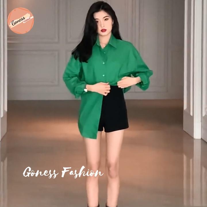 Áo sơ mi nữ Goness dài tay form rộng kiểu sơmi màu xanh trơn đẹp thời trang công sở đi học