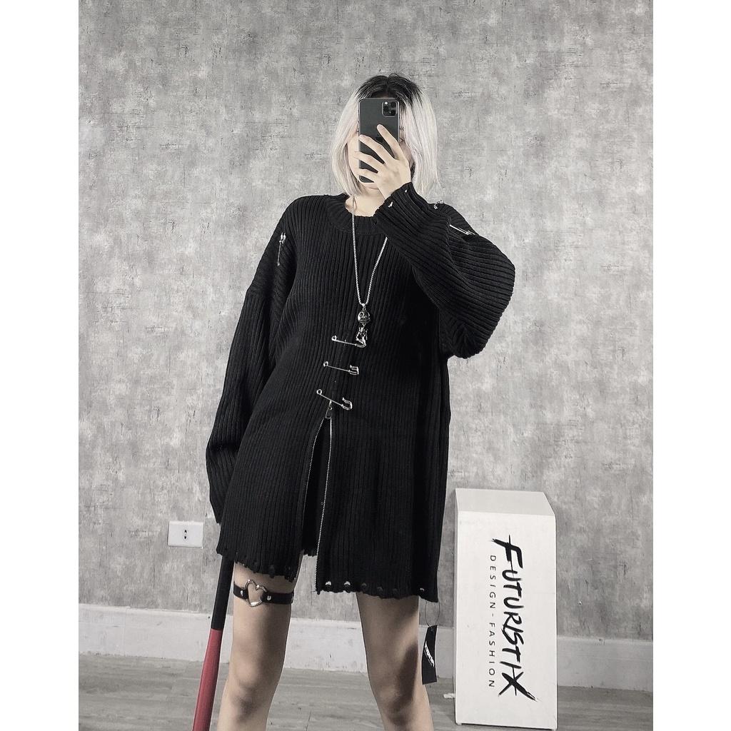 Áo Len Mix Kim Băng, Áo Len Unisex Form Rộng Xẻ Trước Có Zipper Khóa Cực Ngầu