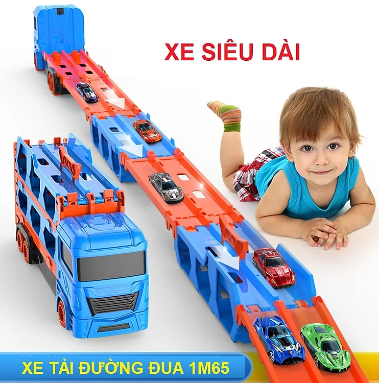 Ô tô đồ chơi xe tải 3 tầng kèm 6 xe đua nhỏ mô hình đường đua xe dài 1,65m có thể gấp gọn cho bé