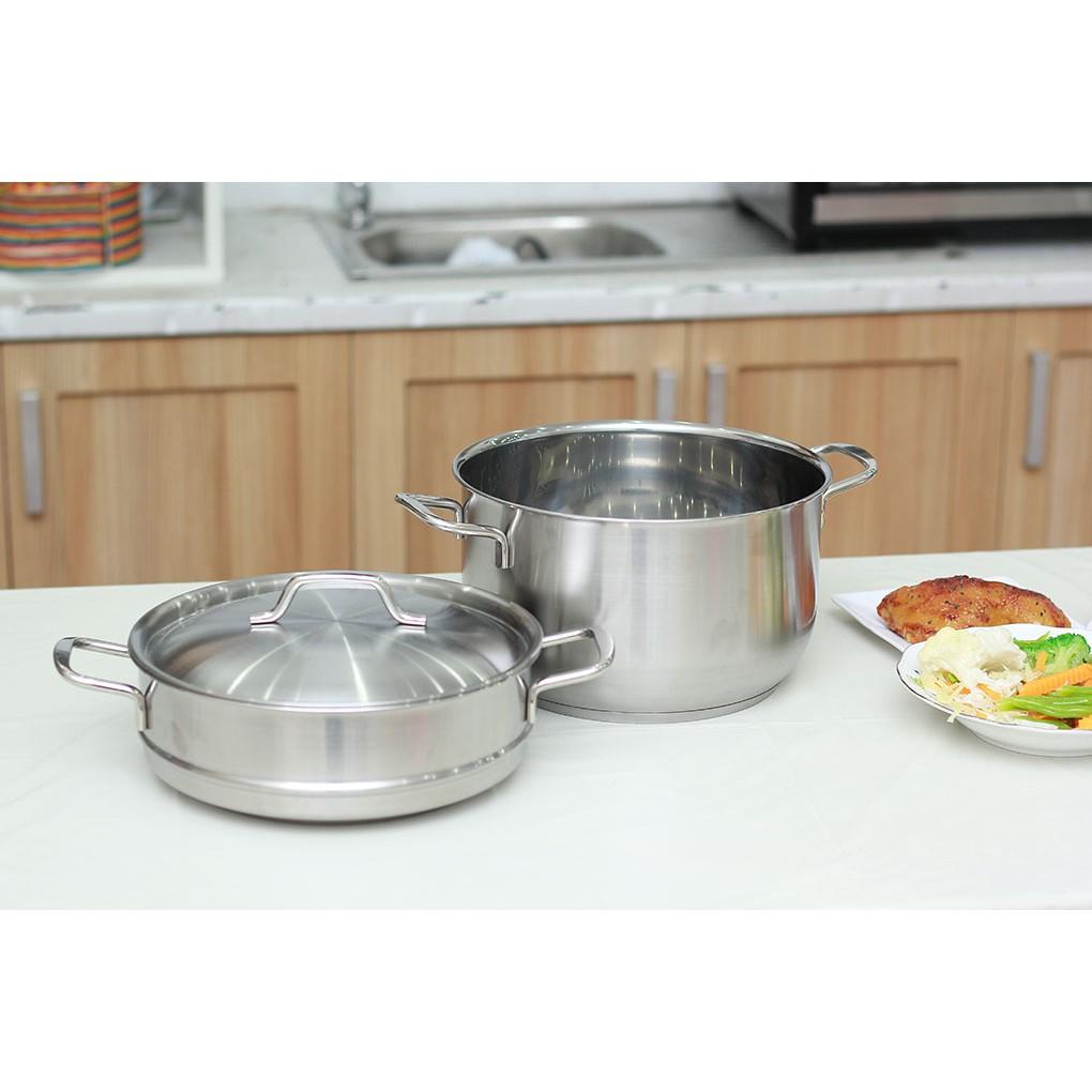 Bộ nồi xửng hấp inox 430 Fivestar Standard  3 đáy bếp từ nắp inox ( 24cm / 26cm ), tặng 1 vá canh