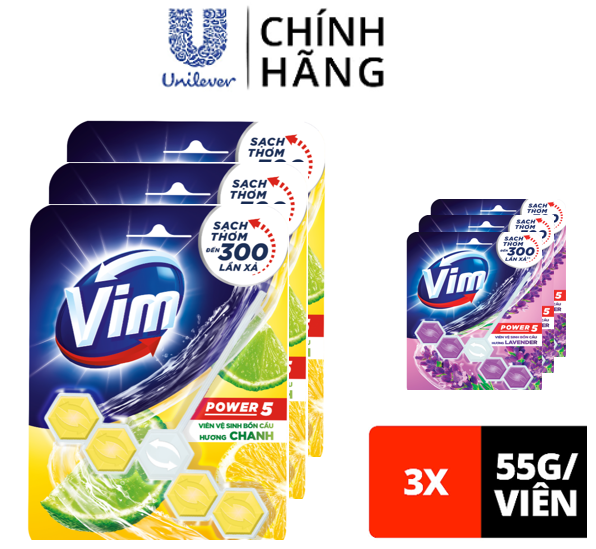 Combo Viên tẩy bồn cầu 55G x 3 VIM Power 5 hương Chanh Sạch Khuẩn Thơm Mát suốt 30 ngày