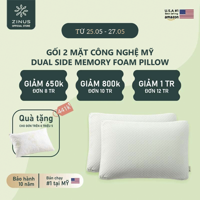 Gối 2 Mặt Công Nghệ Mỹ Cao Cấp Tiện Dụng Phù Hợp Với Nhiều Dáng Nằm - Zinus Dual Side Memory Foam Pillow