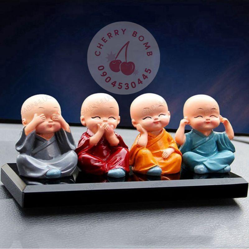 Bộ Tượng Chú Tiểu Hòa Thượng Tứ Không - Phật Phong Thủy Mini 4 Tư Thế, Trang Trí Xe Hơi, Để Bàn Làm Việc