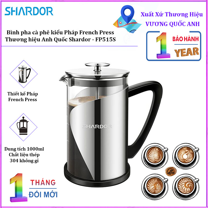 Bình pha cà phê kiểu Pháp French Press Shardor FP515S dung tích 1000ml - Hàng nhập khẩu