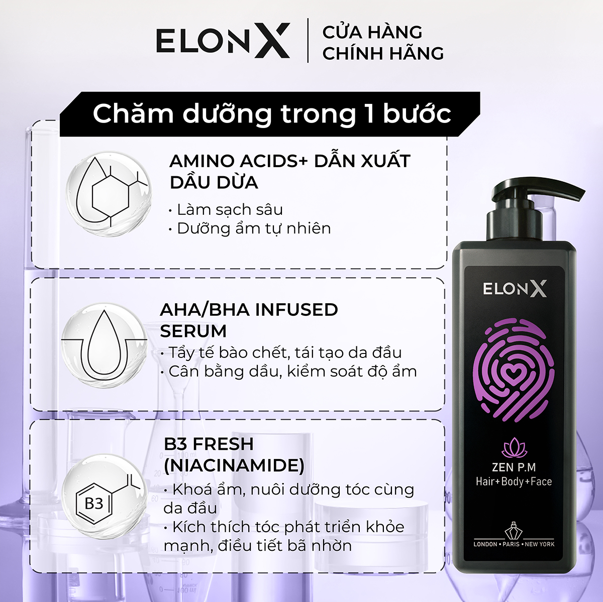 Dầu gội ELONX ZEN P.M dầu gội 3 in 1 nam dầu gội hương nước hoa dầu gội đầu nam thơm lâu sữa tắm gội (tối - 680gr)