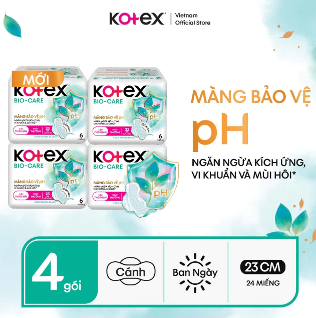 Combo 4 Gói Băng vệ sinh Kotex Biocare Ban Ngày Mặt bông siêu mỏng có cánh 23cm 6 miếng