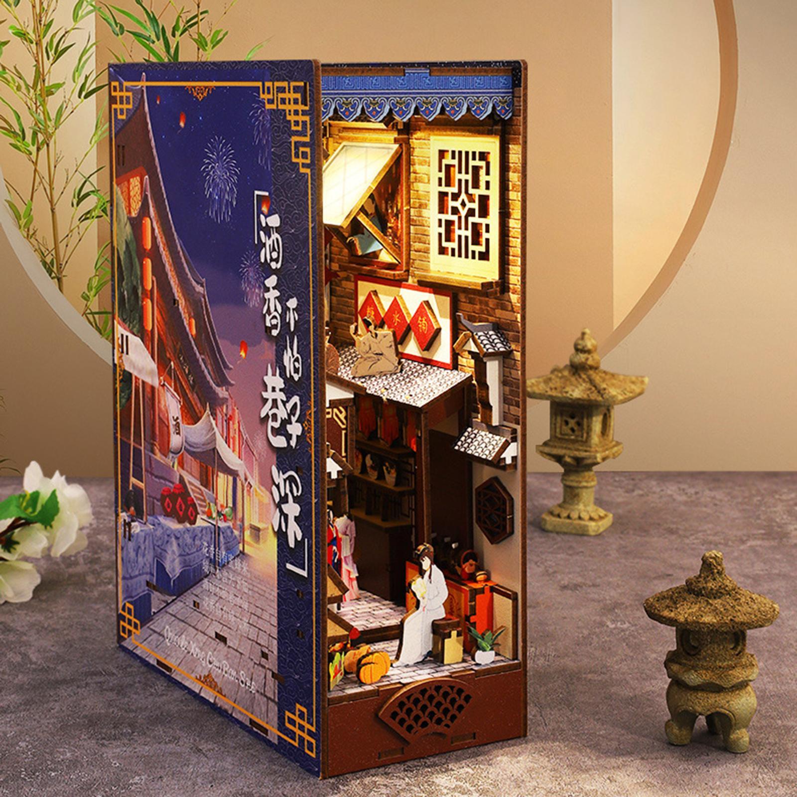 3D Wooden Puzzle Bookend Stand Kit ,DIY Model Miniature Dollhouse Kit unassembled with LED Bookshelf Insert for Gift Boys